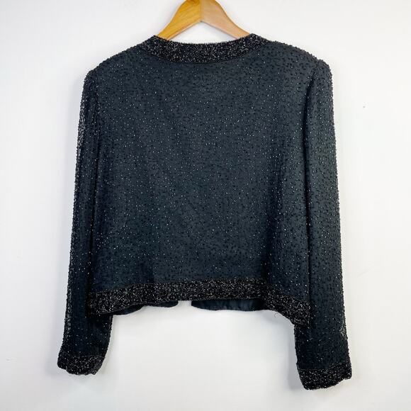Vintage 90s Stenay Black Silk Glam Party Beaded Long Sleeve Jacket Womens M L - Picture 7 of 9
